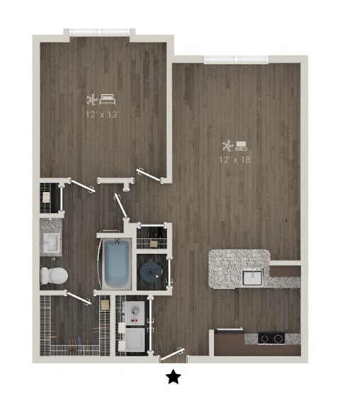 Floor plan for 1 bed, 1 bath, 757 sqft